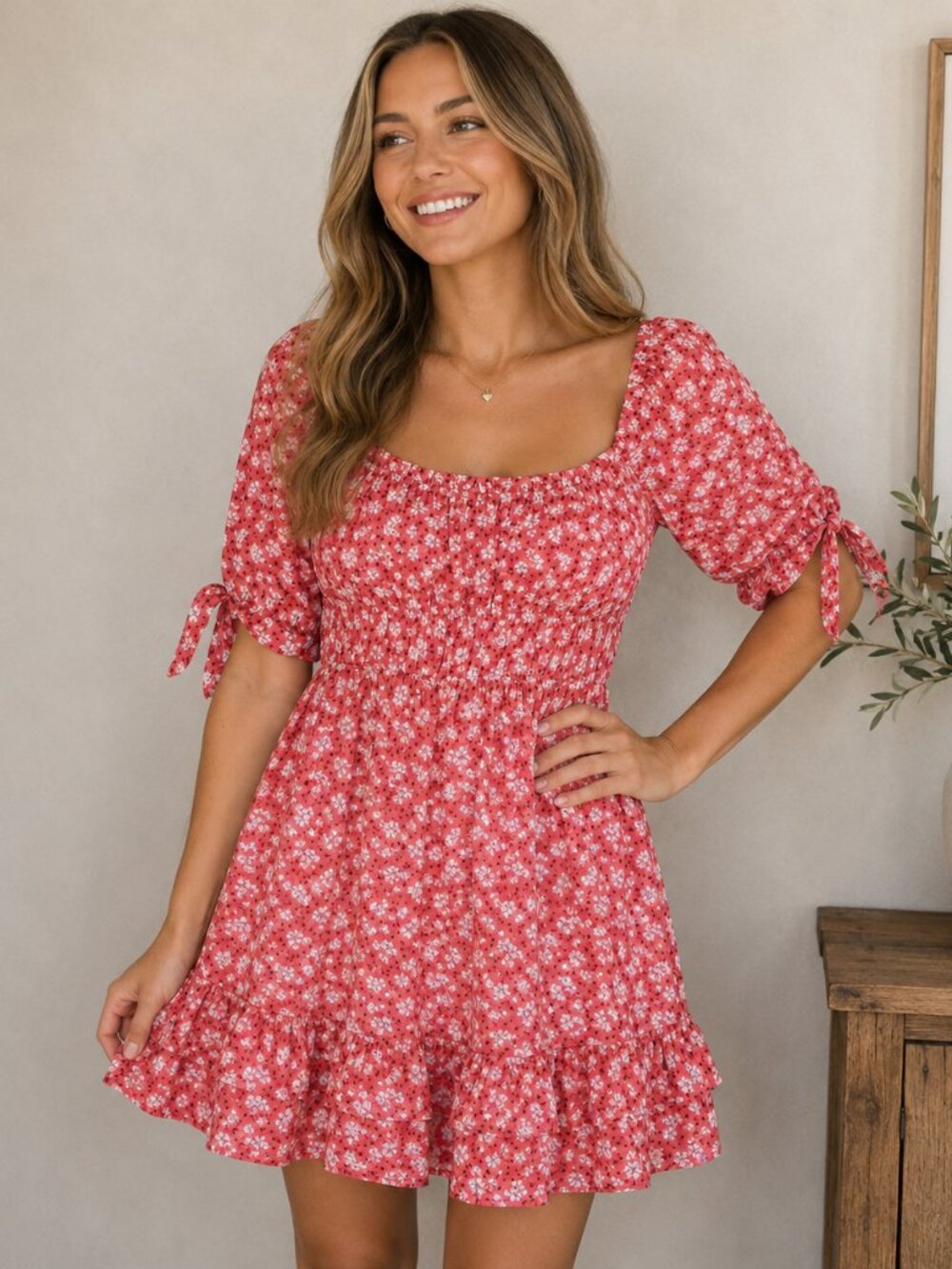 NWT‎ Lush Floral Milkmaid Dress XS Coral Pink Cottagecore Coquette Mini Dress